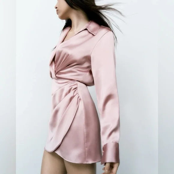 Zara mini dress satin effect drapped long sleeve pink party wedding coctail - Picture 7 of 10